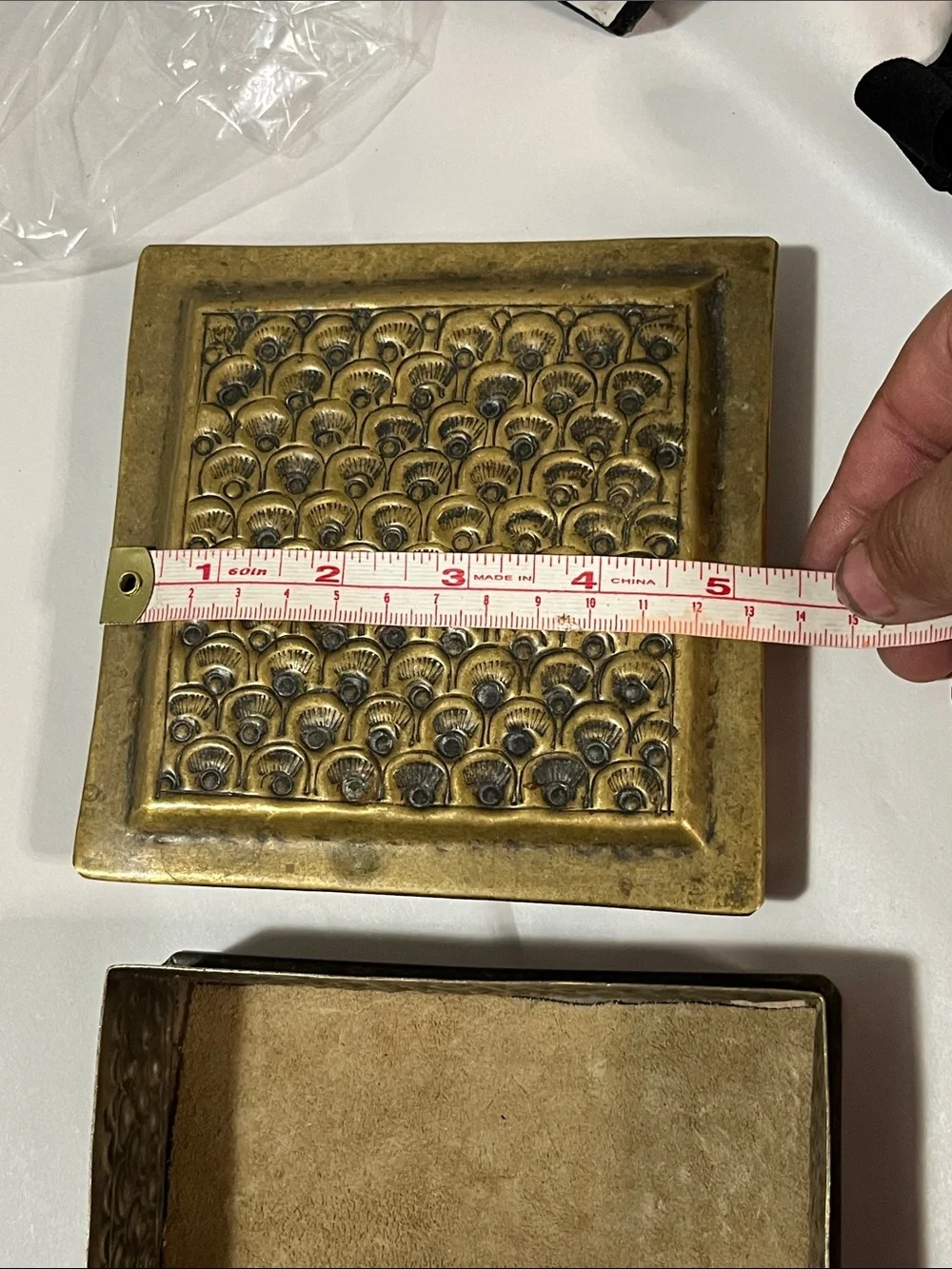 Antique Gold and Tan Embossed Metal Vanity Slide Box